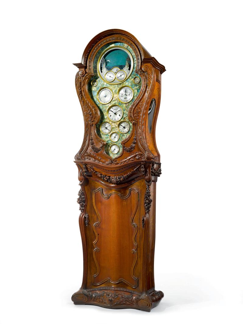 10082 Lot 52 Tiffany & Co. Important Wood Brass Steel and Abalone Astronomical Repeating Tall Longcase Clock