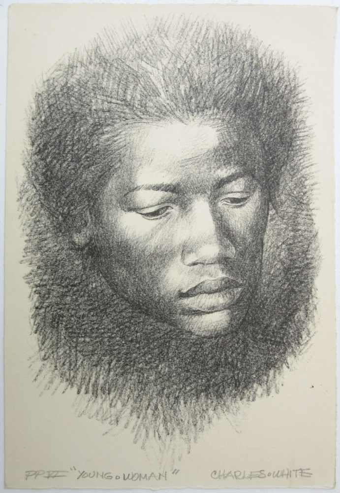 White, Charles (1918 Chicago – 1979 Los Angeles) "Young woman” Lithografie, unten rechts signiert, 1967, unten links Auflage: PP VI und betitelt, Maße: 28,1 x 19,2 cm (Bl.)  Aufrufpreis:	1.500 EUR