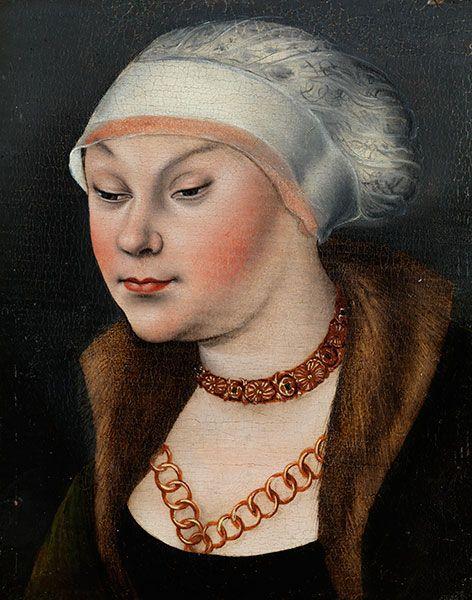 Cranach, d. Ä./ Werkstatt des, Lucas 1472 Kronach - 1553 Weimar Bildnis einer jungen Frau mit weisser Haube, Pelzkragen und Halsschmuck Öl auf Nadelholz. Altparkettiert. 20,5 x 15,7 cm. Schätzpreis:	40.000 - 60.000 EUR