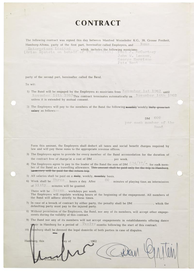 Lot 170, Epstein, two performance contracts signed for The Beatles at the Star-Club, Hamburg, November-December 1962, est. £8,000-12,000