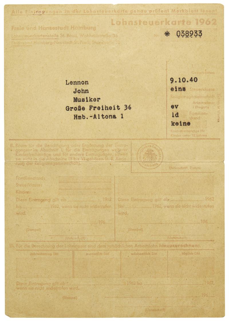 Lot 171, The Beatles, German tax cards for John Lennon and Paul McCartney, 1962, est. £800-1,200