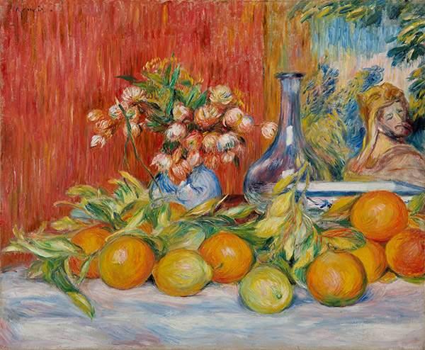 Helene Bailly Gallery Pierre-Auguste Renoir Nature morte, fleurs, oranges et citrons  1888 Oil on canvas 21 1/2 x 25 3/4 in. Signed upper left : ‘’Renoir’'