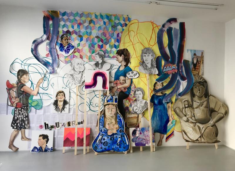 Galerie Françoise Heitsch, Ausstellung UMAY, 2018, 3 Hamburger Frauen , Umay,  Acryl auf Holz, und auf Papier, Höhe/ 3m, Breite/ 5 m .Copyright/ 3 Hamburger Frauen, Galerie Françoise Heitsch and the artist