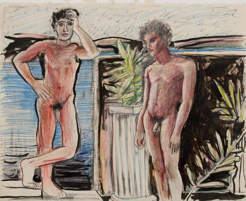 Patrick Angus, Two Boys with Plant, Buntstift auf papier, 35,5 x 43 cm, courtesy/ Galerie Thomas Fuchs and the artist © Douglas Blair Turnbaugh