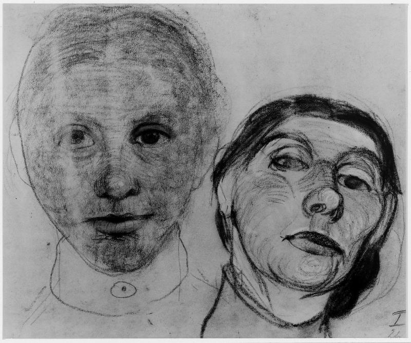 Paula Modersohn-Becker, Zwei Studien eines weiblichen Kopfes, Selbstbildnis, ohne Jahr, Kohle und Rötel auf blauem Papier, Stiftung Preussischer Kulturbesitz, Kupferstichkabinett, Berlin