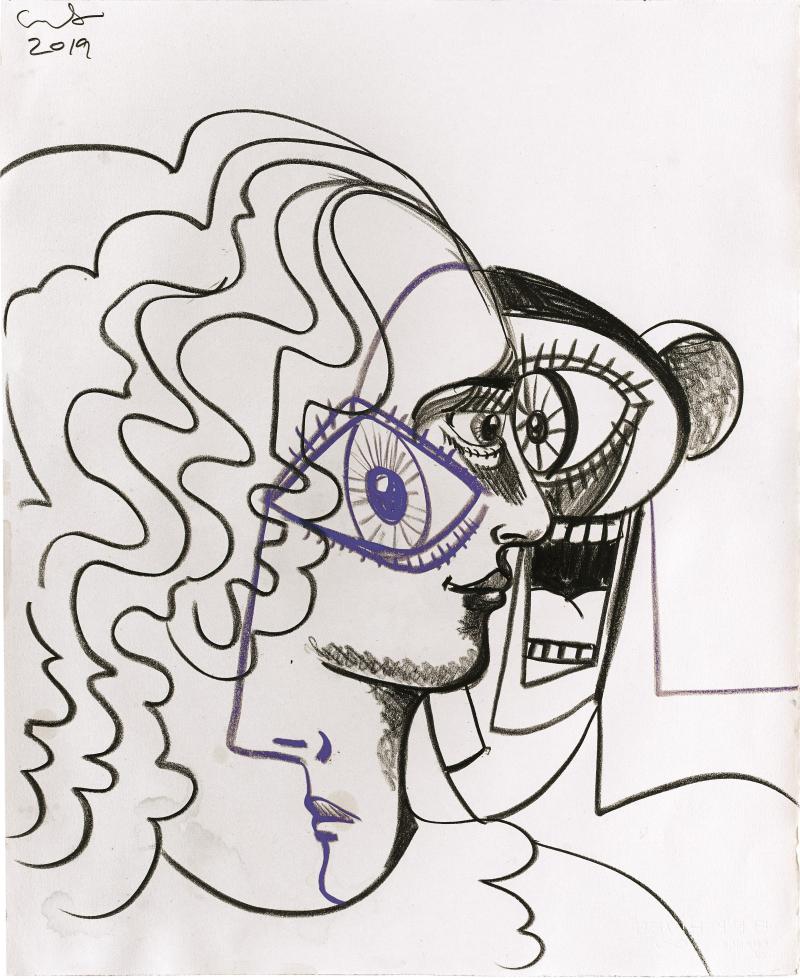 Lot 204 George Condo Multiple Personalities signed and dated 2019 aquarelle crayon on paper 28 by 24 1/2 in. 71.1 by 62.2 cm. Estimate $50/70,000