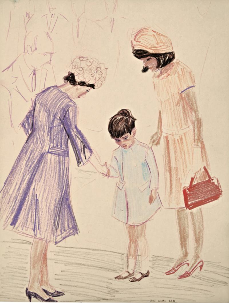 Lot 207 Elizabeth Peyton John Kennedy Jr. Meets Queen Elizabeth I partially titled; titled on the reverse colored pencil on paper 22 1/2 by 17 1/2 in. 57.2 by 44.5 cm. Executed in 1999. Estimate $60/80,000