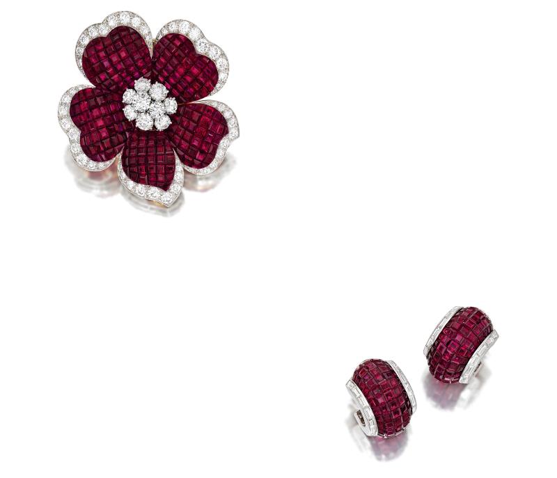 Ruby and Diamond Brooch and Earrings, 'Serti Mystérieux', Van Cleef & Arpels