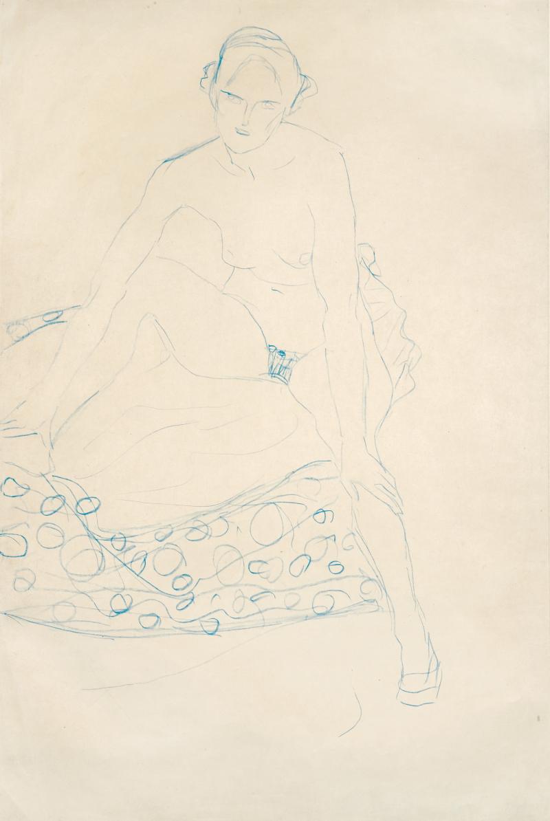 GUSTAV KLIMT Sitzender Akt von vorne, um 1910 Blauer Farbstift auf Papier 56 x 37 cm