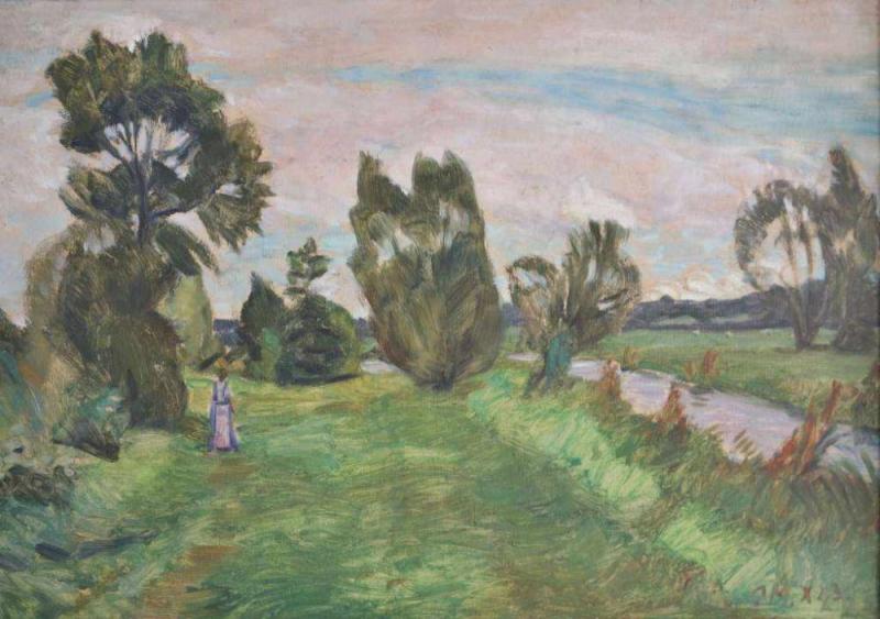 Otto MODERSOHN (1865-1943), Öl auf Kartonage, Landschaft am Bach mit Dame, u.re. monogr. und dat. OM.x 23, Maße: ca. 49 x 68,5 cm Mindestpreis:	15.000 EUR