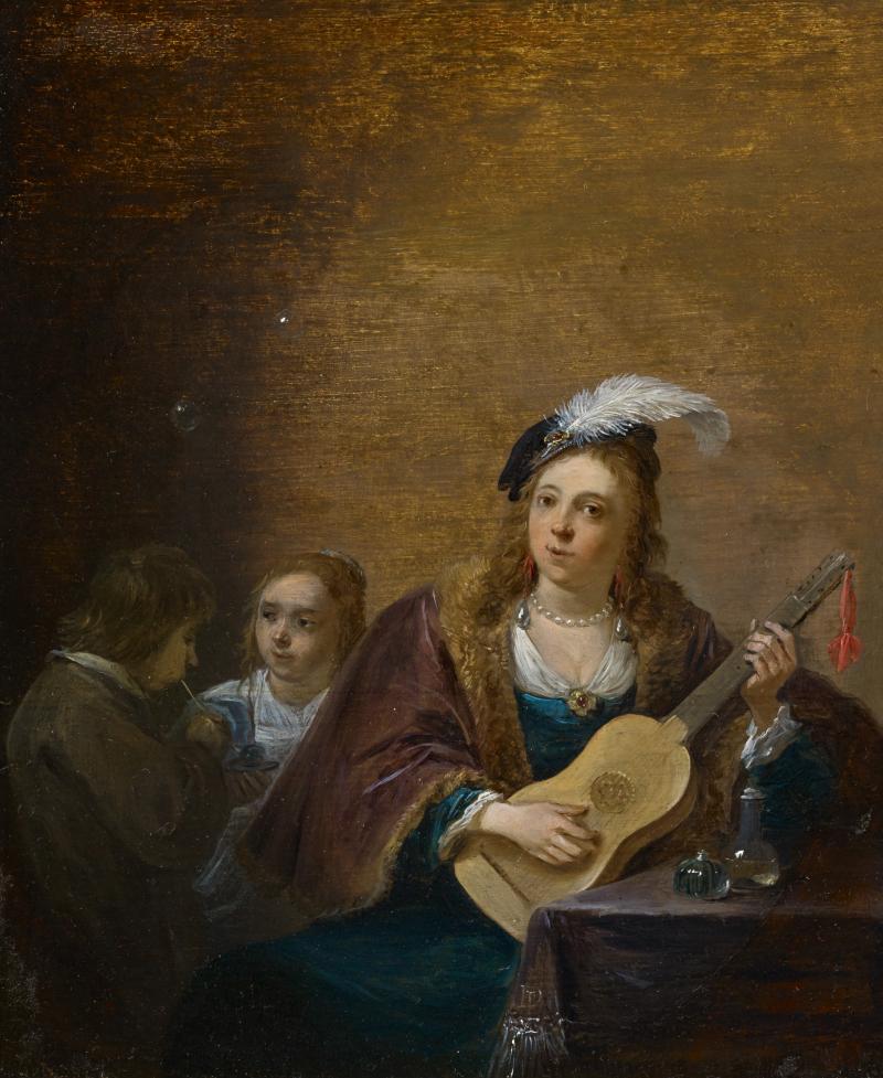 David d.J. Teniers (1610 – 1690) Gitarre spielende, junge Dame mit Kindern beim Seifenblasen | Öl auf Holz | 23 x 19,5 cm. Taxe: 60.000 – 80.000 Euro