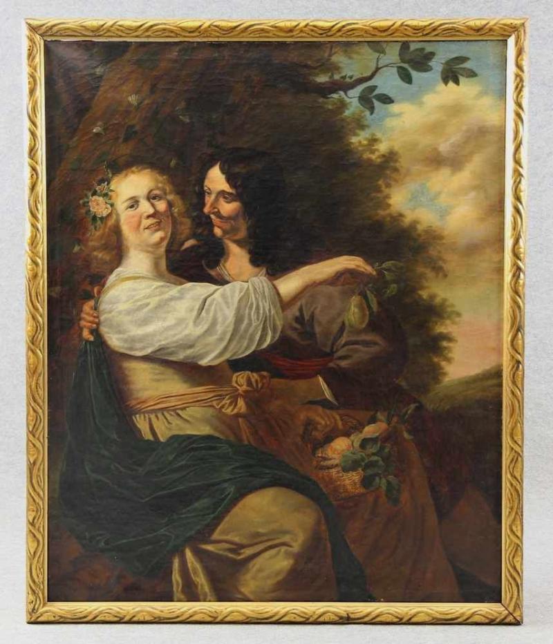 Baen, Jan de (Haarlem 1633 - 1702 Den Haag) oder Umkreis bzw. Nachfolger  Gemälde, Öl auf Leinwand, galantes Paar in Landschaft, die Frau trägt einen Korb mit Früchten Mindestpreis:	1.000 EUR