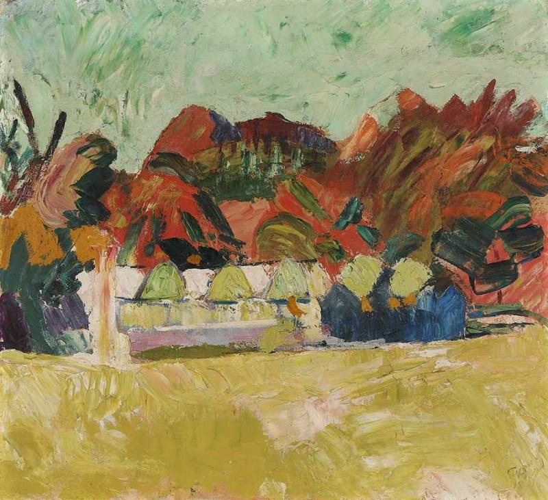 Cuno Amiet 1868–1961 Landschaft auf der Oschwand 1918 Öl auf Leinwand 55 x 60,5 cm  Oscar Miller-Sieber, Biberist Auktion Galerie Kornfeld, Bern, 19.6.1998, Los 1 Privatbesitz, Schweiz Schätzpreis:	80.000 - 100.000 CHF