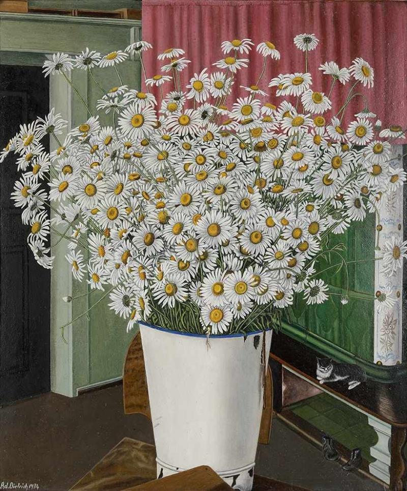 Adolf Dietrich (1877–1957) Margeritenstrauss 1934 Öl auf Karton 64 x 53 cm  Adolf Dietrich und die Neue Sachlichkeit in Deutschland, Winterthur, Kunstmuseum, 4.9.–20.11.1994. Schätzpreis:	70.000 - 90.000 CHF