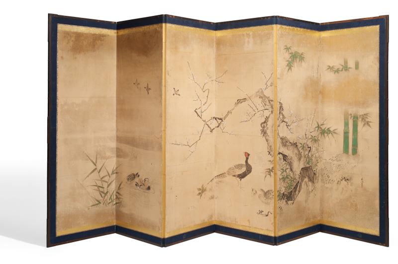 Eleganter Stellschirm (byôbu) Japan | Edo-Zeit (1603-1868) 17./18. Jh. | Kanô Chikanobu (1660-1728), zugeschrieben | Sechsteilig | 370 x 176,5cm Taxe: 5.000 – 8.000 Euro