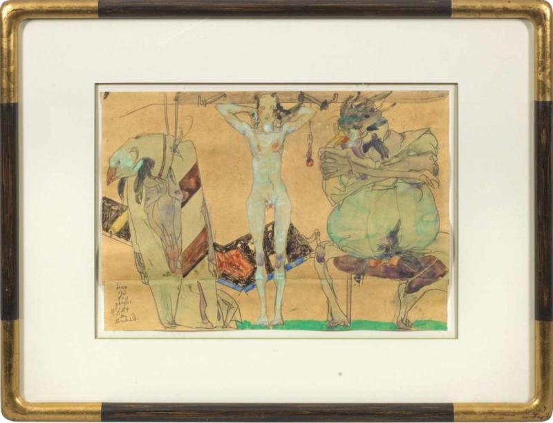 Horst Janssen (1929 Hamburg - 1995 ebenda) "Zu Phyllis". Originaltitel Szenische Darstellung der thrakischen Königstochter aus der griechischen Mythologie als stehender Mädchenakt mit gefesselten, Mindestpreis:	18.500 EUR