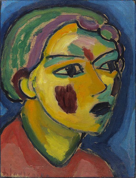 123 ALEXEJ VON JAWLENSKY Dichterin (Mystischer Kopf), 1917. Öl auf Malpappe Schätzpreis: € 300.000 - 400.000