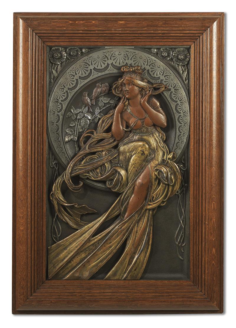 Alphonse Mucha (Eibenschütz 1860 – 1939 Prag) Relief Musik (Les arts series), Entwurf 1898, Bronze, Metall, Größe innerhalb des Rahmens 53,8 x 32,5 cm, Schätzwert € 15.000 – 30.000