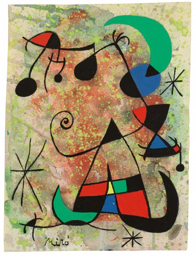 Nr. 390 367 Joan Miró Femme et oiseaux dans la nuit. 1967 Tusche, Gouache und Aquarell über Bleistift auf Papier, 20,3 x 15,1 cm Prov.: Slg. Will Grohmann Ergebnis: EUR 161.000,-