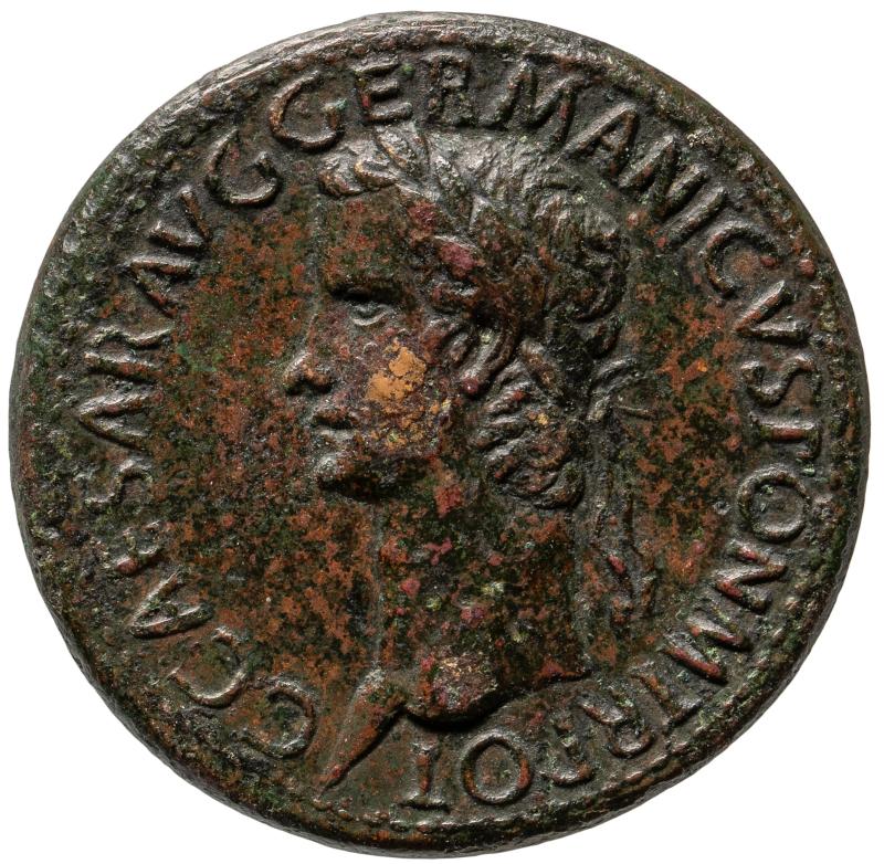 Abb. 1 Caligula (Caius Caesar Germanicus) Vs.: Büste des Caligula Rs.: Die Schwestern des Caligula, Agrippina, Drusilla und Iulia (wohl als Securitas, Concordia und Fortuna) Sesterz (Messing), geprägt 37–38 n. Chr. in Rom © KHM-Museumsverband