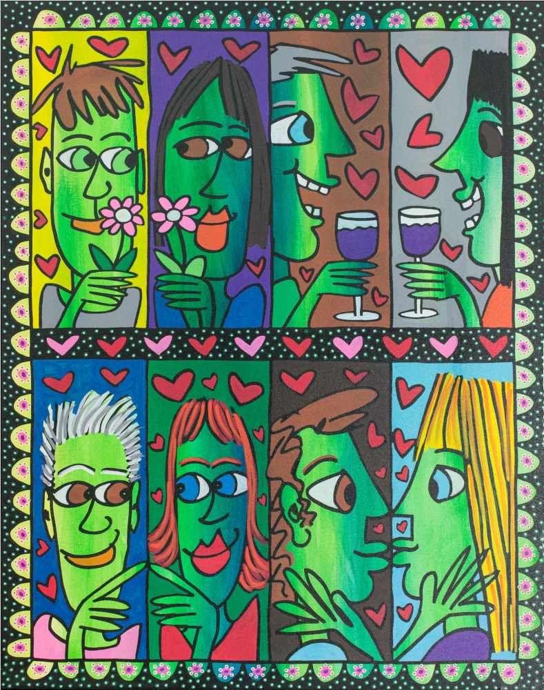 James Rizzi (1950 New York City - 2011 ebenda) HAPPY TOGETHER, 2008, Acryl auf Leinwand, 122 cm x 91,5 cm, Zuschlagspreis:	17.000 EUR