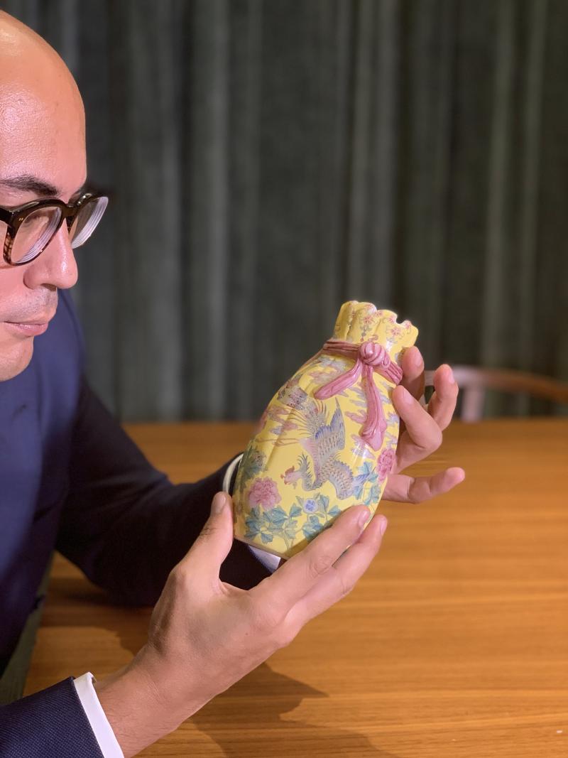 A Highly Important Beijing-Enamelled Pouch-Shaped Glass Vase, Blue Enamel Mark and Period of Qianlong, Estimate $25 million