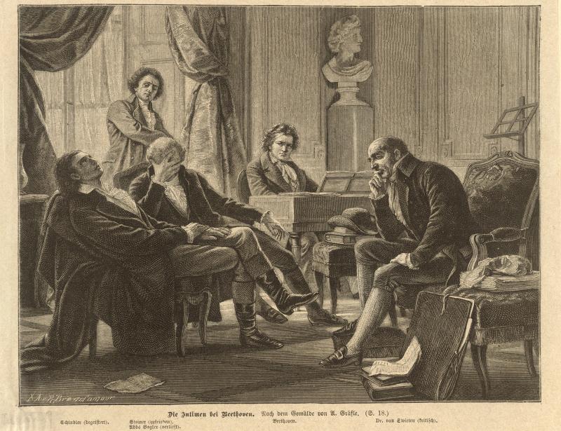 „Die Intimen bei Beethoven“: Anton Schindler, Sigmund Anton Steiner, Georg Joseph Vogler und Gottfried van Swieten; Stich nach einem Gemälde von Albert Gräfle; um 1892 – © Österreichische Nationalbibliothek