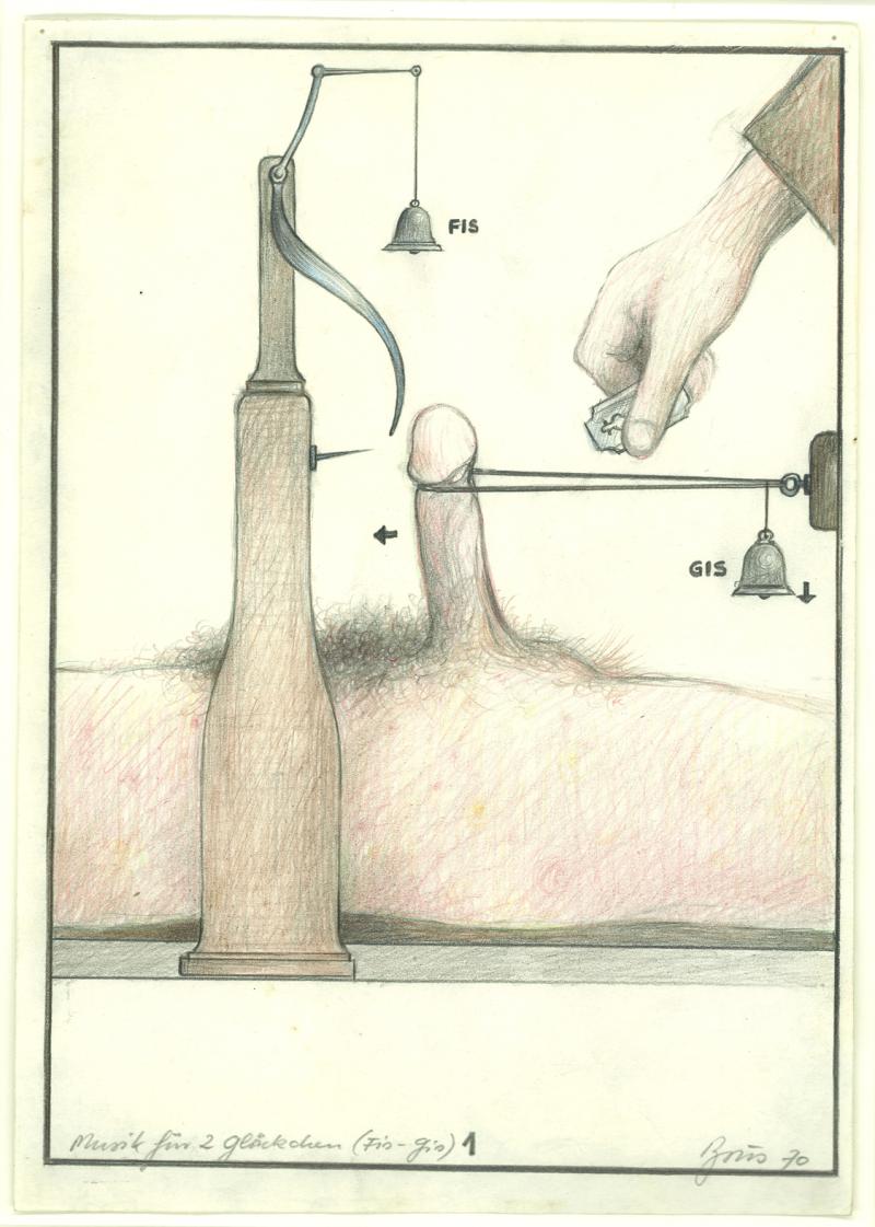 Günter Brus, "Musik für 2 Glöckchen (Fis-Gis) 1", 1970, Bleistift und Farbstift auf Papier, 29, 5 x 20,7 cm, BRUSEUM/Neue Galerie Graz, Universalmuseum Joanneum