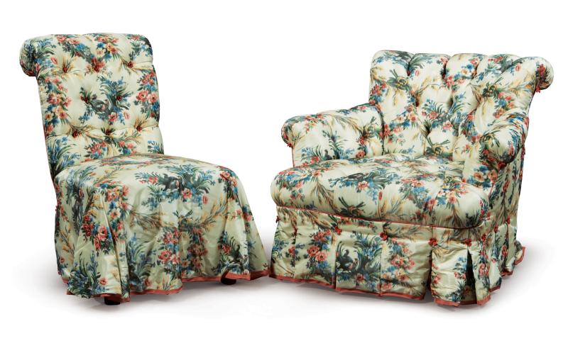 A Slipper Chair and Armchair With Matching Floral Chintz Fabric, Modern Estimate $1,200/1,800 Sold for $11,250