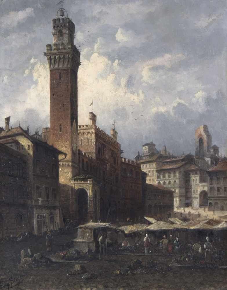 Siegen, August von.  Um 1850 Wien Markt am Rathausplatz in Siena. Öl/Lwd. Sign. 55 x 42 cm. Gerahmt. Verso bet. Aufrufpreis:	900 EUR