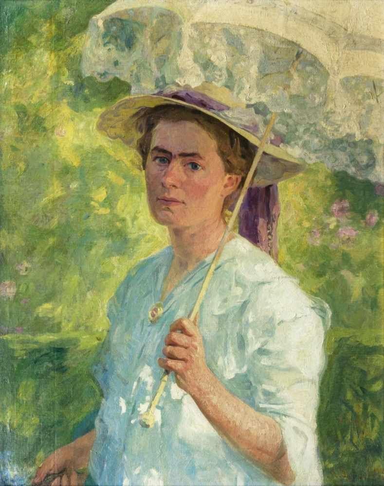 Arthur Siebelist (Loschwitz/Dresden 1870 - Hittfeld/Hamburg 1945) Gertrud, die Frau des Künstlers mit Sonnenschirm 1903, Öl/Lw., 93,5 x 72,5 cm  Mindestpreis:	9.000 EUR