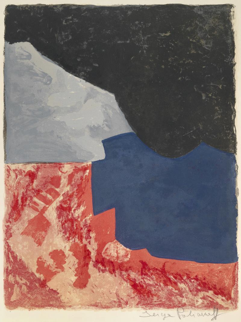 Serge Poliakoff „Komposition in Rot, Grau und Schwarz“, 1960, Farblithographie auf Velin von Arches, Drucker, Pons – Paris, 64 x 49 cm, unten rechts signiert, Künstlerabzug vor der Auflage von 300 Foto: Kolhammer & Mahringer Fine Arts / Bildrecht Wien, 2020