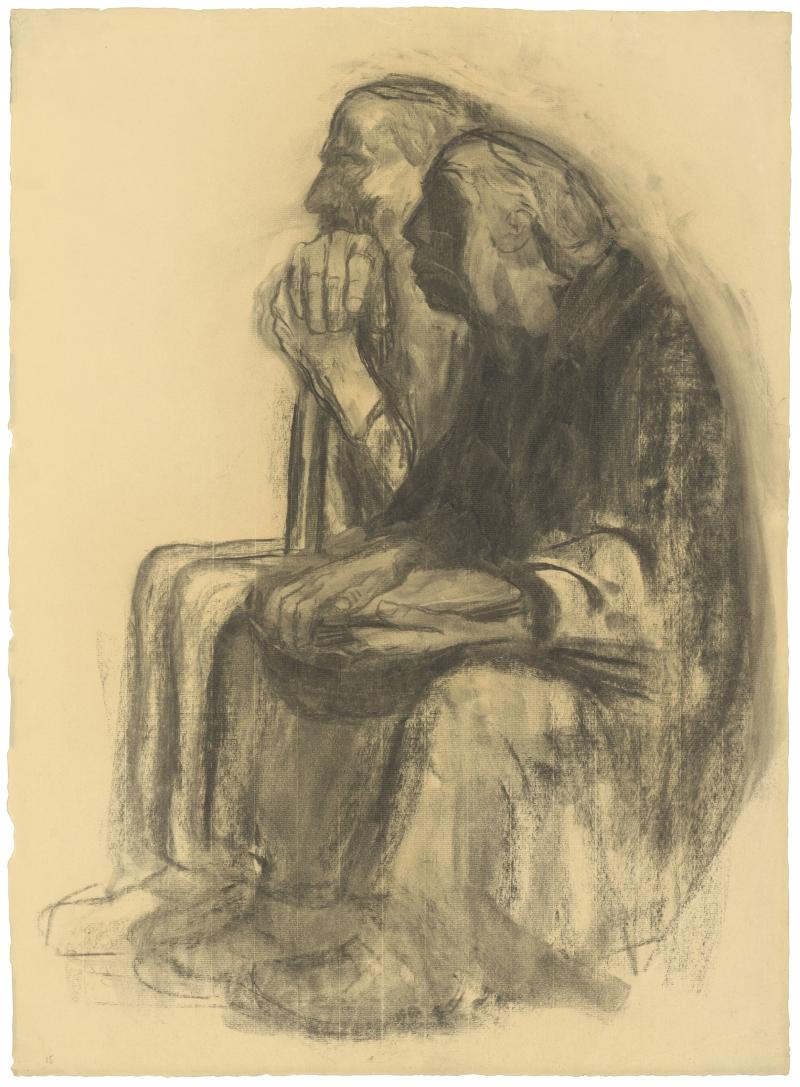 Käthe Kollwitz, Selbstbildnis mit Karl Kollwitz, 1938-1940, Kreide, gewischt, auf gelblichem Ingres-Bütten, NT 1276 © Käthe Kollwitz Museum Köln