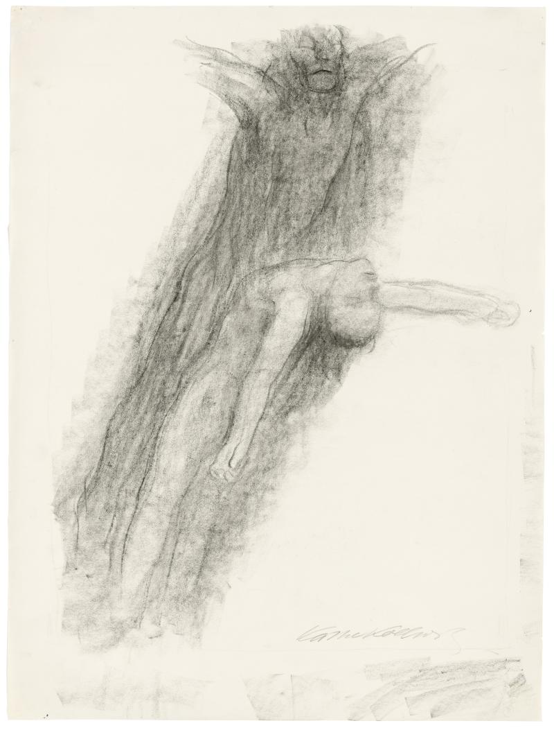 Käthe Kollwitz, Tod und Jüngling, aufschwebend, um 1922/23, schwarze Kreide, gewischt auf Zeichenpapier, NT 963 © Käthe Kollwitz Museum Köln