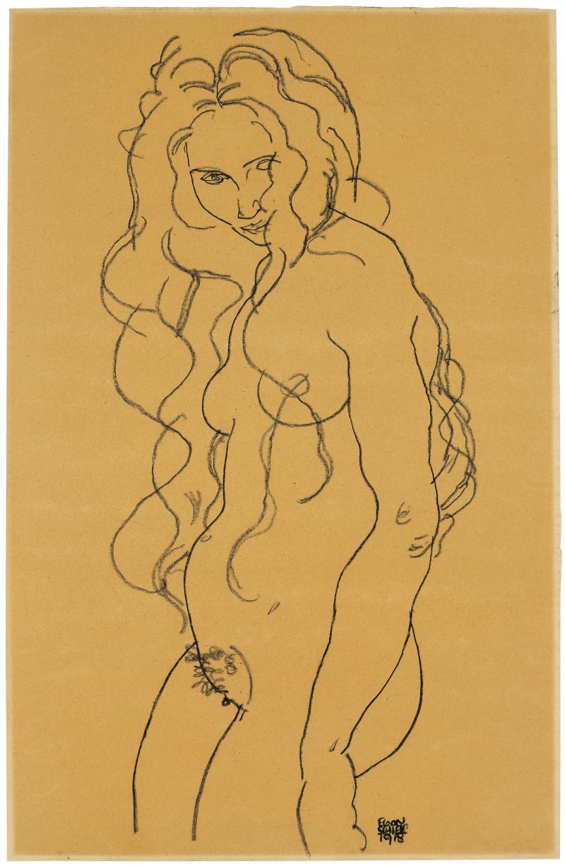 Egon Schiele „Weiblicher Akt“, 1918, schwarzer Farbstift auf Papier, 45 x 29 cm, unten rechts signiert und datiert: EGON / SCHIELE / 1918  Foto: Galerie bei der Albertina ▪ Zetter