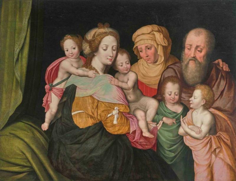 Sellaer, Vincent (um 1490 Mecheln 1564) Werkstatt Die Heilige Sippe: Maria Kleophae und ihre Familie. Öl auf Holz. 96,7x125,5 cm. - Restauriert und parkettiert. Schätzpreis:	30.000 - 50.000 CFH