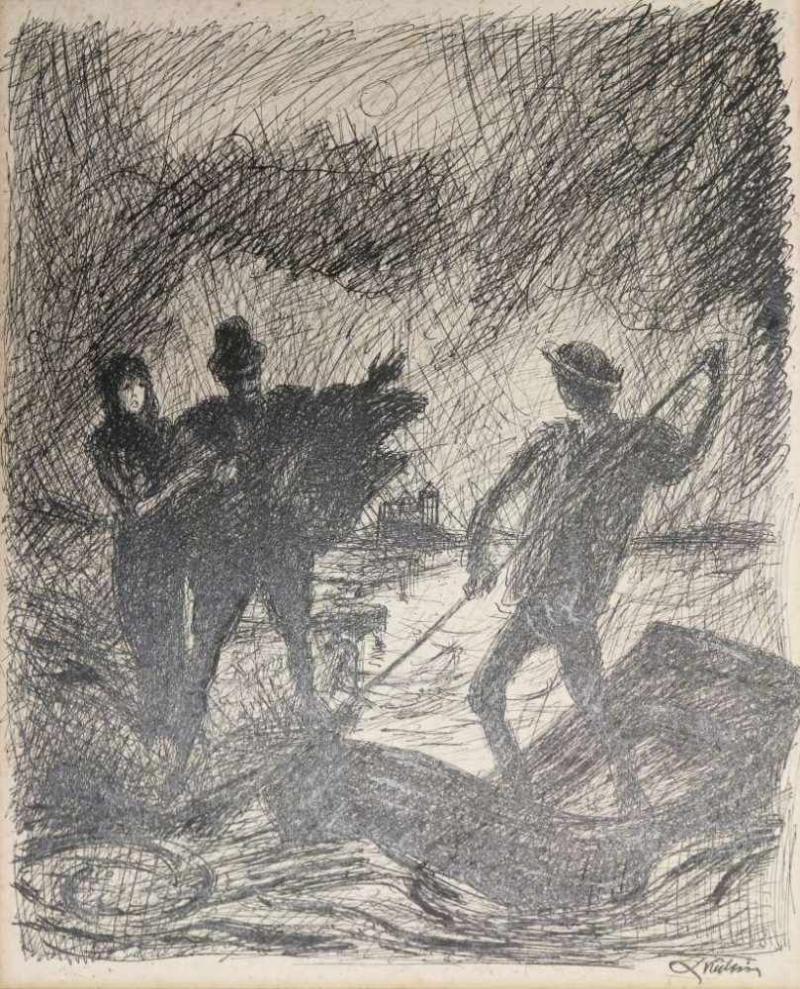 Alfred KUBIN (1877-1959), Federzeichnung auf Papier, "Nächtliches Treffen am Flussufer", u.re. sign., Maße: ca. 38 x 30 cm, Blatt rückseitig mit Ausschnitt einer gedruckten Landschaftskarte, hinter Glas im Passepartout gerahmt, Blatt leicht stockfleckig. Mindestpreis:	3.000 EUR