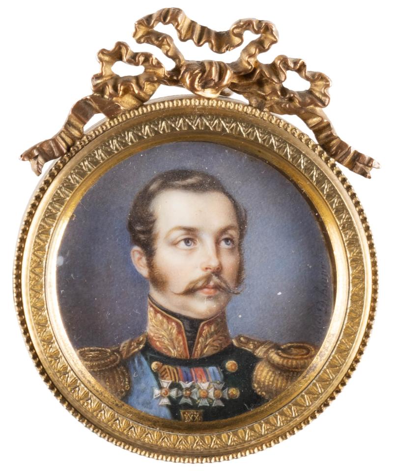 ELISA APOLLINA DEHARME (1805 – 1869), SEHR FEINE MINIATUR MIT DEM PORTRÄT ALEXANDER II. VON RUSSLAND, Frankreich, Mitte 19. Jh.,  Gouache. D. 4,7 cm