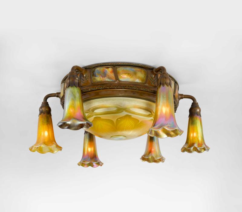 10340 Lot 56 - Tiffany Studios, Six-Light 'Lily' and 'Turtle-Back' Ceiling Light