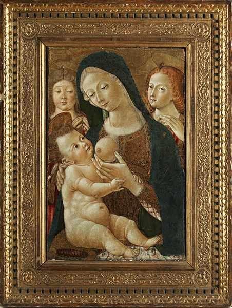 Pietro di Domenico, 1457 Siena "" um 1501/ 1533 MADONNA MIT KIND UND ZWEI ENGELN Tempera auf Goldgrund. Auf Holz. 59,3 x 39 cm Bedeutendes museales Werk der Sieneser Renaissance "" ehemals im Metropolitan Museum New York, aus der Sammlung George und Florence Blumenthal. Schätzpreis:	80.000 - 120.000 EUR