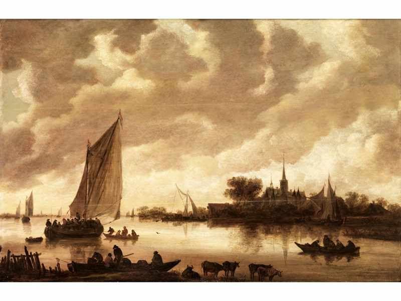 Jan Jozefsz. van Goyen, 1596 Leiden "" 1656 Den Haag FLUSSLANDSCHAFT MIT SEGELBOOT Öl auf Holz. 64,6 x 96,3 cm. Schätzpreis:	100.000 - 150.000 EUR