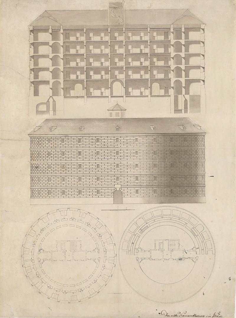 Der sog. Narrenturm im Alten Allgemeinen Krankenhaus, undatierte Federzeichnung, Wien Museum