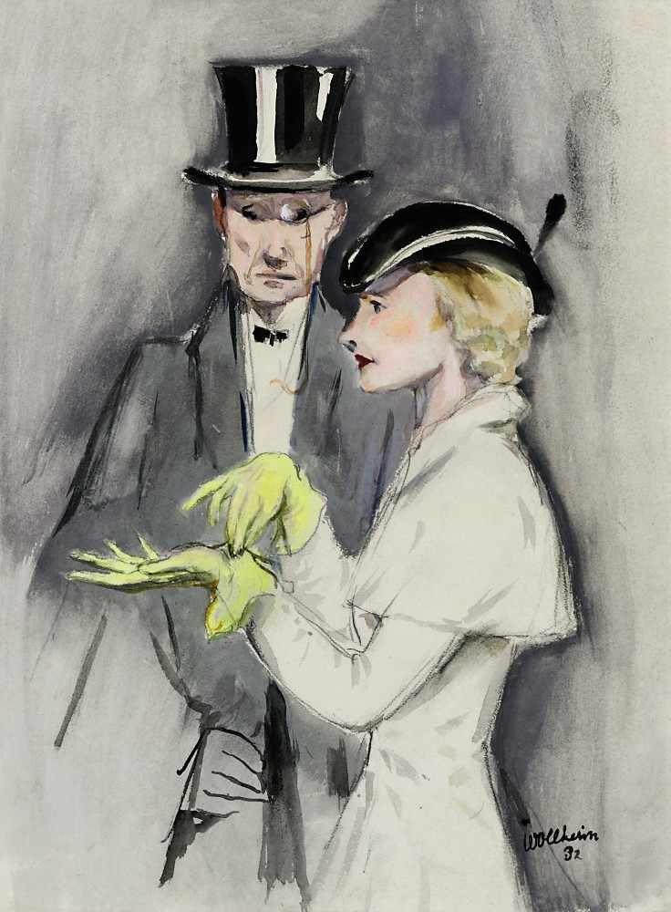 Wollheim, Gert Heinrich 1894 Loschwitz bei Dresden - 1974 New York Herr mit Zylinder und Dame mit gelben Handschuhen Aquarell über Bleistift BA: 49 x 36 cm R. u. signiert und datiert (19)32. Leicht fleckig. Rahmen  Schätzpreis:	500 EUR