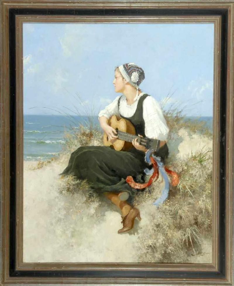 Seeger, Hermann, 1857 Halberstadt - 1945 Öl/Lwd, doubl., 90 x 72 cm, " Mädchen mit Gitarre am Strand ",  Mindestpreis:	4.800 EUR