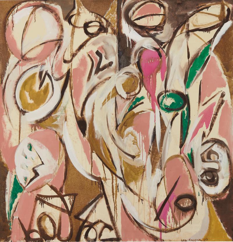 Less Krasner  Re-Echo 1957 Signed and dated 57; signed, titled, and dated 1957 on the stretcher Oil on canvas 59 x 58 inches Estimate $4/6 million