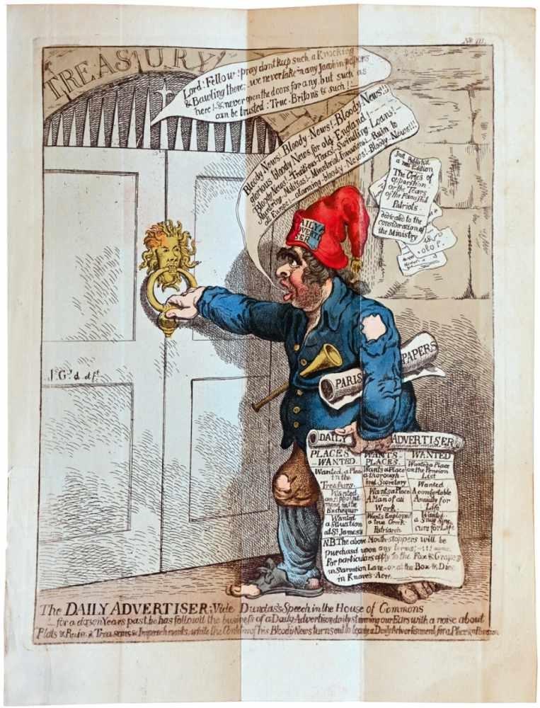 Karikatur.- Böttinger, C.A. u. Bertuch, C. (Hrsg.). London und Paris. Jahrgänge 1-12 in 17 Bdn. Weimar, Halle und Rudolstadt, 1798-1810. Mit 231 (statt 270, davon 129 koloriert und 198 gefaltet) Kupfertafeln und 6 (statt 7, davon 4 gefaltet) gestochenen Notentafeln. Hldr.- und Pp.-Bde. d. Zt. (teils bestoßen). Hayn-Got. IV, 246; Lipperheide Zb 16.- Nahezu vollständige Folge dieser politischen und kulturhistorischen Zeitschrift, enthält neben Porträts, Ansichten u. a. zahlreiche Karikaturen.