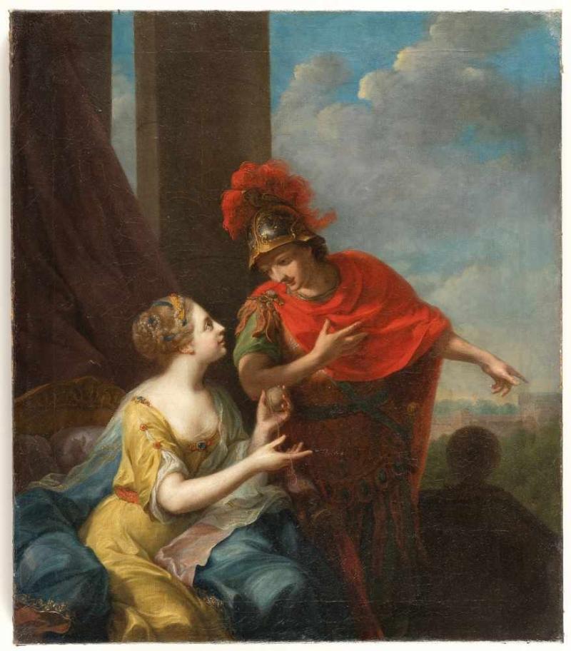 Johann Heinrich Tischbein D. Ä. Theseus und Ariadne Öl auf Leinwand. 177(9?). 70 x 61 cm. Signiert und datiert rechts unten (an der Treppe) "J. H. Tischbein fecit Cassel 177(9?)". Schätzpreis:	20.000 EUR