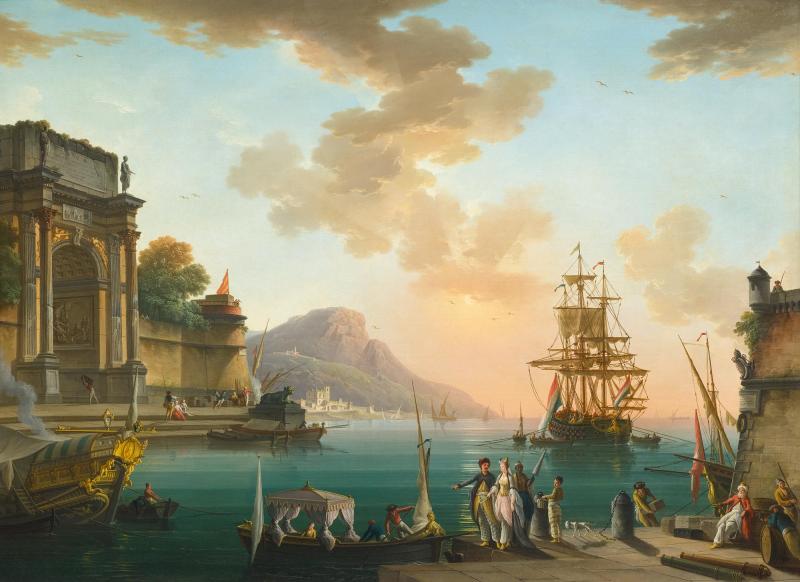 CHARLES FRANCOIS LACROIX DE MARSEILLE  Gegenstücke: Mediterrane Hafenansichten. 1776.  Öl auf Leinwand. 106,7 × 146,5 cm / 108,3 × 149,3 cm.  Schätzung: CHF 200 000/300 000  Ergebnis: CHF 220 000