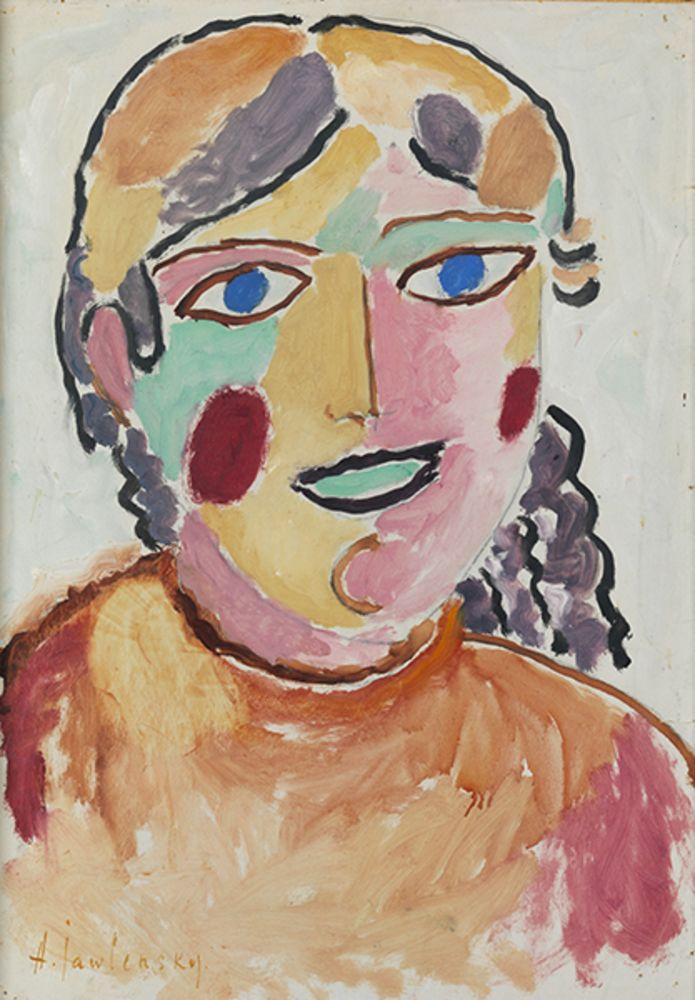 Alexej von Jawlensky, 1864 Torschok "" 1941 Wiesbaden MÄDCHEN MIT BLAUEN AUGEN UND DUNKLEM MUND, UM 1916 Öl und Bleistift auf Papier/ Karton. 53,5 x 38 cm. Schätzpreis:	250.000 - 350.000 EUR