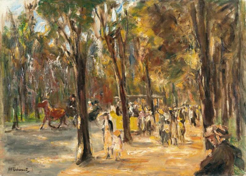 Max Liebermann Allee im Tiergarten mit Spaziergängern, einer Droschke und einer Straßenbahn Öl auf Leinwand. (1925-27). Ca. 51,5 x 71,5 cm. Signiert unten links. Mindestpreis:	250.000 EUR Aufrufpreis:	250.000 EUR Schätzpreis:	250.000 - 350.000 EUR